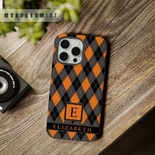 Coque iPhone 15 Pro Max Motif à carreaux noir gris orange personnalisable