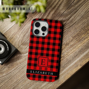 Coque iPhone 15 Pro Max Motif à carreaux noir rouge vif personnalisable
