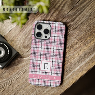 Coque iPhone 15 Pro Max Motif à carreaux personnalisable rose blanc noir