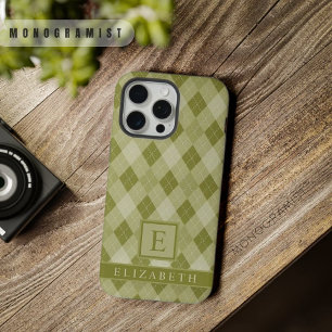 Coque iPhone 15 Pro Max Motif à carreaux personnalisable vert olive gris s