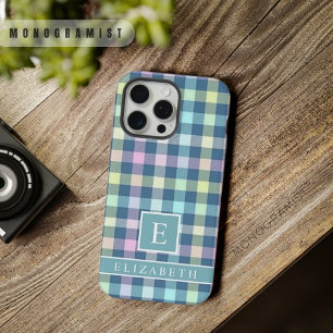 Coque iPhone 15 Pro Max Motif à carreaux personnalisé bleu sarcelle jaune 