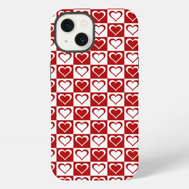 Coque iPhone Motif à carreaux rouges avec des cœurs (Verso)