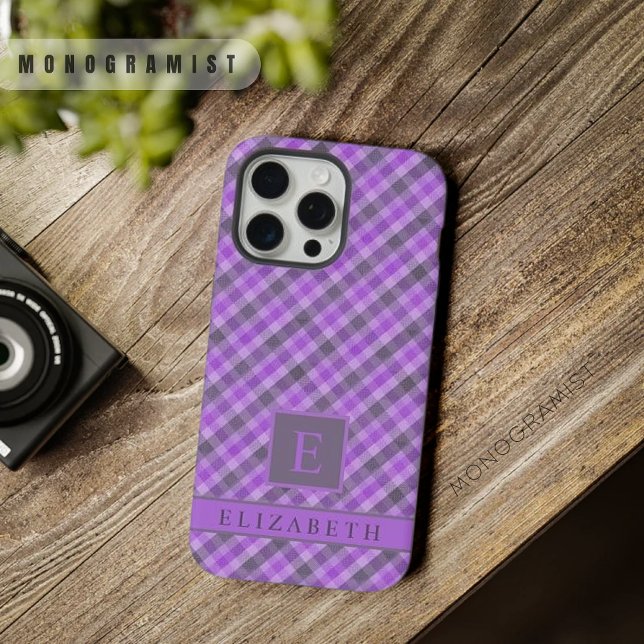 Coque iPhone Motif À damiers noir foncé clair personnalisé (Custom Light Dark Purple Black Checkered Pattern iPhone Case)