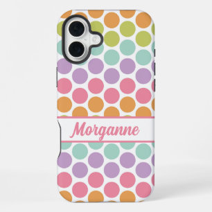 Coque iPhone 16 Plus Motif à points pastel colorés de nom personnalisé