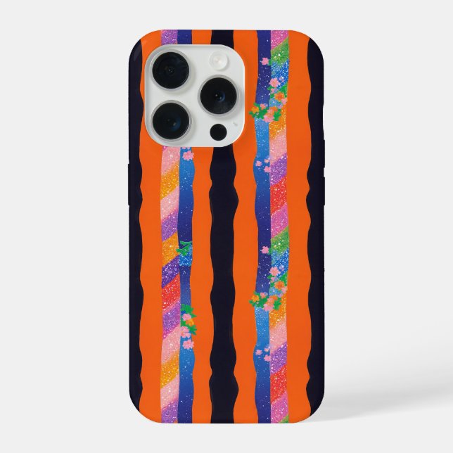 Coque iPhone Motif à rayures ondulées florales orange (Verso)
