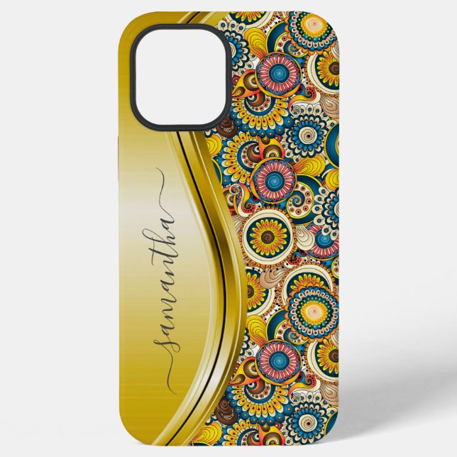 Coque iPhone Motif abstrait rétro avec nom en monogramme jaune  (Verso)