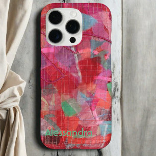 Coque iPhone 16 Pro Motif abstrait rouge rose vert bleu monogramme.