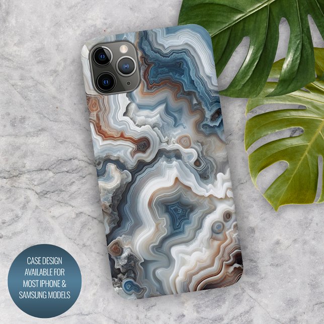 Coque iPhone Motif agate quartz bleu marron gris blanc élégant (Créateur téléchargé)