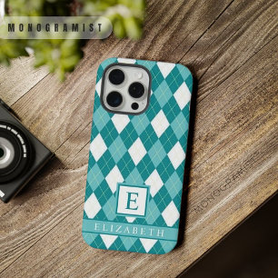 Coque iPhone 15 Pro Max Motif Argyle Bleu Vert Blanc Personnalisable