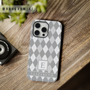 Coque iPhone 15 Pro Max Motif Argyle Gris Foncé Lumière Blanche Personnali