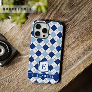 Coque iPhone 15 Pro Max Motif Argyle personnalisable bleu foncé blanc lumi