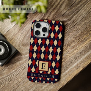 Coque iPhone 15 Pro Max Motif Argyle personnalisable bleu marine rouge jau