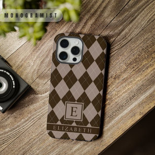 Coque iPhone 15 Pro Max Motif Argyle Violet Gris Brun Personnalisable