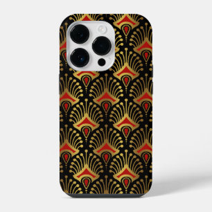 Coque Pour iPhone 14 Plus Motif Art déco or et rouge sur noir