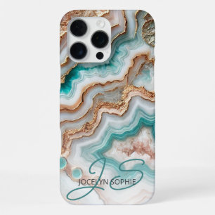 Coque iPhone 16 Pro Max Motif artistique en marbre Aqua Turquoise Rose Or