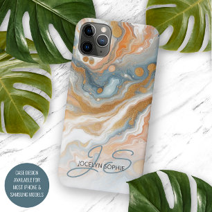 Coque iPhone 16 Pro Max Motif artistique en marbre orange pêche bleu sarce