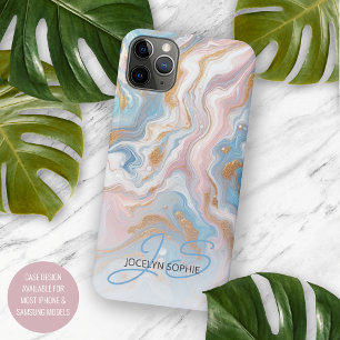 Coque iPhone 16 Pro Max Motif artistique en marbre rose pêche bleu or