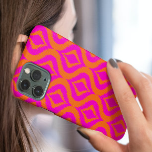 Coque iPhone 16 Pro Max Motif artistique ogee Ikat d'été rose chaud orange