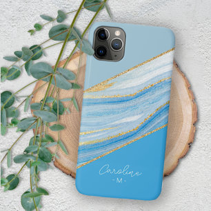 Coque iPhone 16 Pro Max Motif artistique personnalisé ombré bleu azur marb