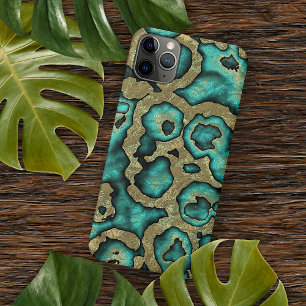 Coque iPhone 16 Pro Max Motif artistique tourbillons dorés faux vert turqu