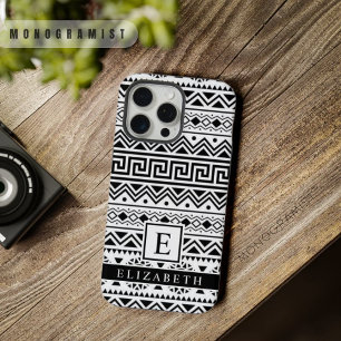 Coque iPhone 15 Pro Max Motif Aztec blanc et noir personnalisable
