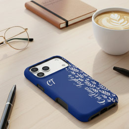 Coque iPhone 16 Pro Max Motif bleu marine et Bush feuille rose monogrammé