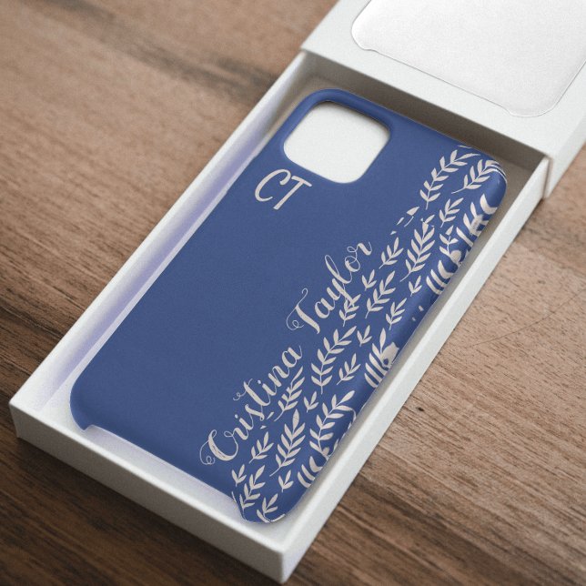 Coque iPhone Motif bleu marine et Bush feuille rose monogrammé (Créateur téléchargé)