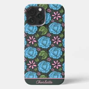 Etui iPhone 13 Pro Max Motif bleu rose floral cousu personnalisé