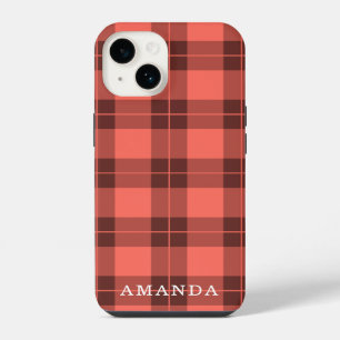 Coque Pour iPhone 14 Motif carreaux orange corail Nom personnalisé