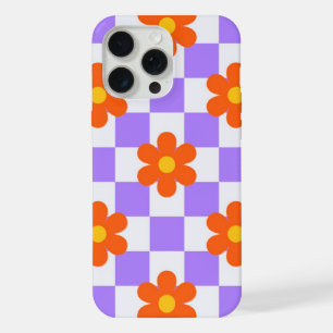 Coque iPhone 15 Pro Max Motif Chèque Violet Avec Fleur Hippie Orange