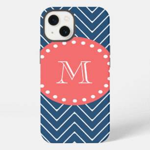 Etui iPhone 13 Motif Chevron Bleu Marine Monogramme Corail