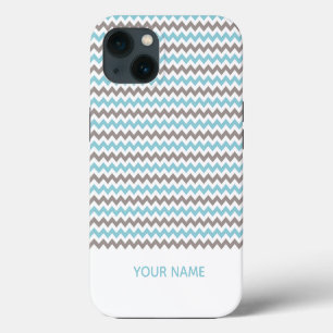 Etui iPhone 13 Motif Chevron Gris Bleu Moderne avec Nom