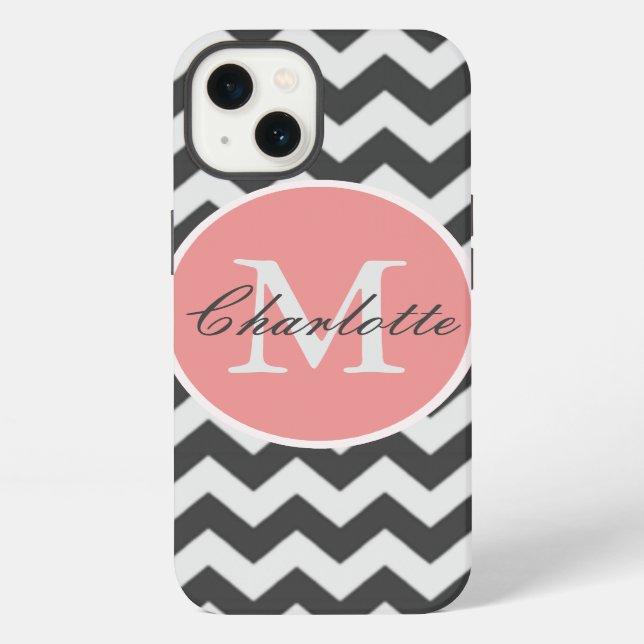 Coque iPhone Motif chevron ZigZag chic monogrammé gris rose (Verso)