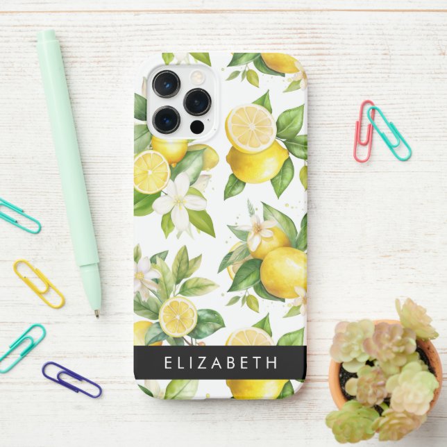 Coque iPhone Motif citron, Fleurs de citron, Feuilles, Votre No (Sur le bureau)