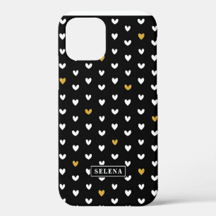 Coque iPhone 12 Motif Cœur Or Noir Blanc avec Nom Personnalisé