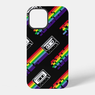 Coque iPhone 12 Motif coloré sur fond noir. Cassette compacte