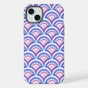 Coque iPhone 15 Plus motif damassé floral bleu