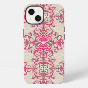 Etui iPhone 13 Motif damassé floral de style victorien chic rose