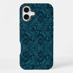 Coque iPhone 16 Plus Motif damassé floral sarcelle foncé