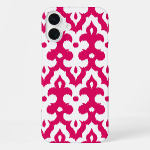 Coque iPhone 16 Plus Motif damassé Ikat marocain, rose fuchsia et blanc