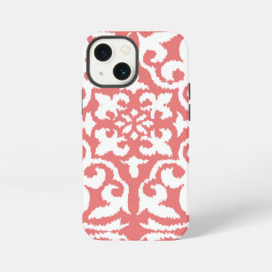 Etui iPhone 13 Mini Motif damassé Ikat - Rose corail et blanc