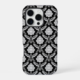 Coque iPhone 16 Pro Motif Damassé Rococo Blanc sur Fond Noir