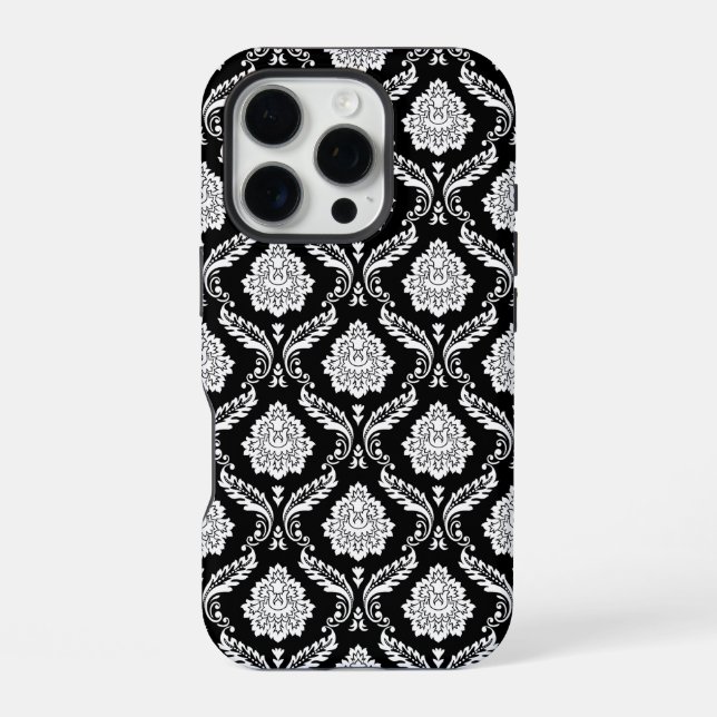Coque iPhone Motif Damassé Rococo Blanc sur Fond Noir  (Verso)