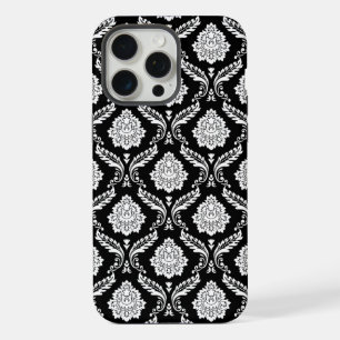 Coque iPhone 15 Pro Max Motif Damassé Rococo Blanc sur Fond Noir