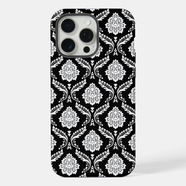 Coque iPhone Motif Damassé Rococo Blanc sur Fond Noir  (Verso)