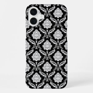 Coque iPhone 16 Plus Motif Damassé Rococo Blanc sur Fond Noir