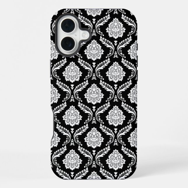 Coque iPhone Motif Damassé Rococo Blanc sur Fond Noir  (Verso)