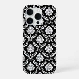 Coque iPhone 16 Pro Motif Damassé Rococo Blanc sur Fond Noir