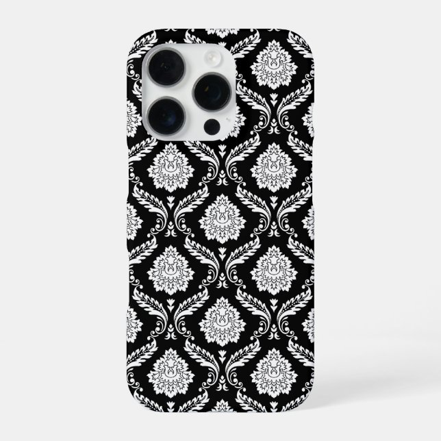 Coque iPhone Motif Damassé Rococo Blanc sur Fond Noir  (Verso)