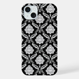 Coque iPhone 15 Plus Motif Damassé Rococo Blanc sur Fond Noir